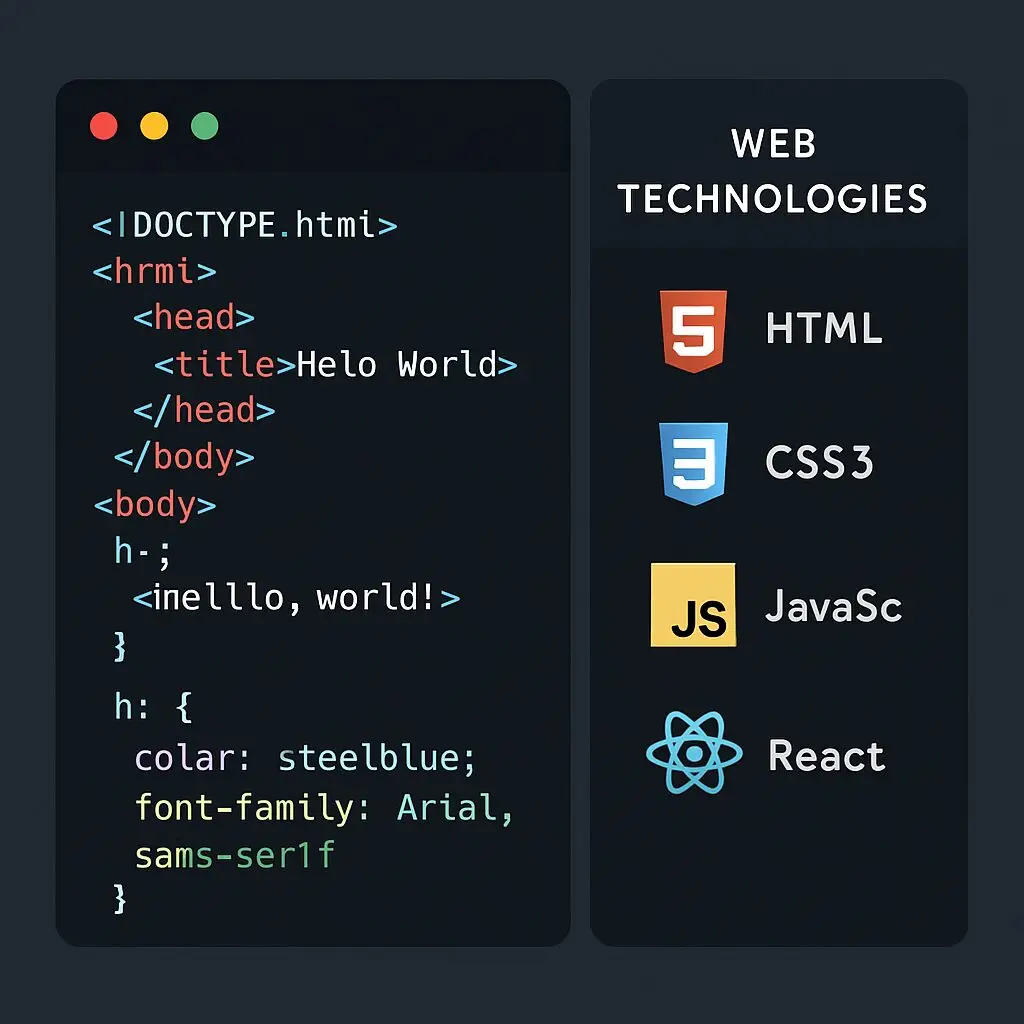 HTML, CSS3, JavaScript, and React web development code examples, displayed in a dark-mode coding editor with icons for each technology.