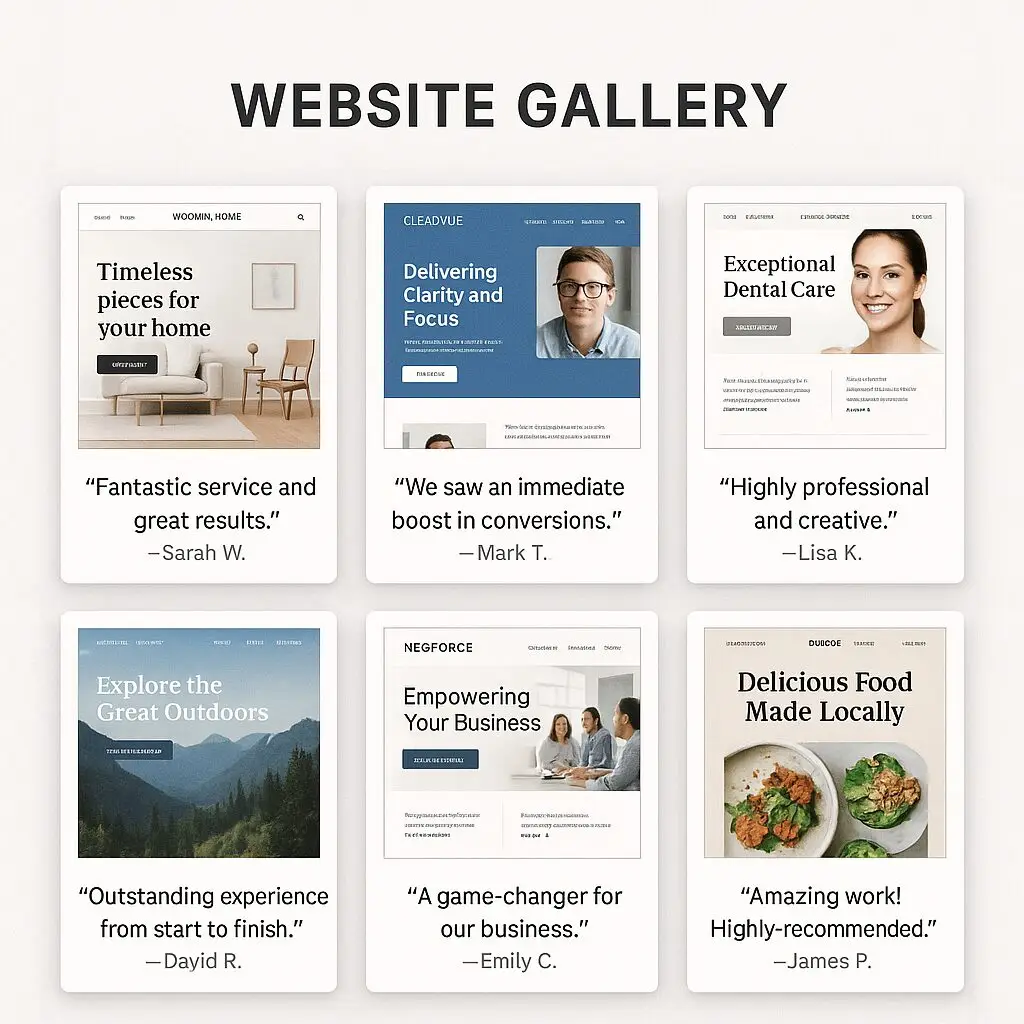 Website gallery showcasing various website designs, including home decor, dental care, outdoor exploration, empowering business, and delicious food, with client testimonials.