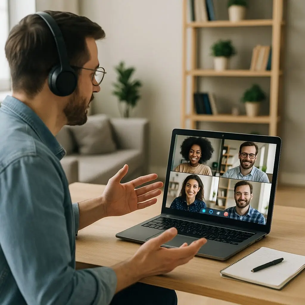 Man in headphones participates in a video conference with four other people on a laptop screen.