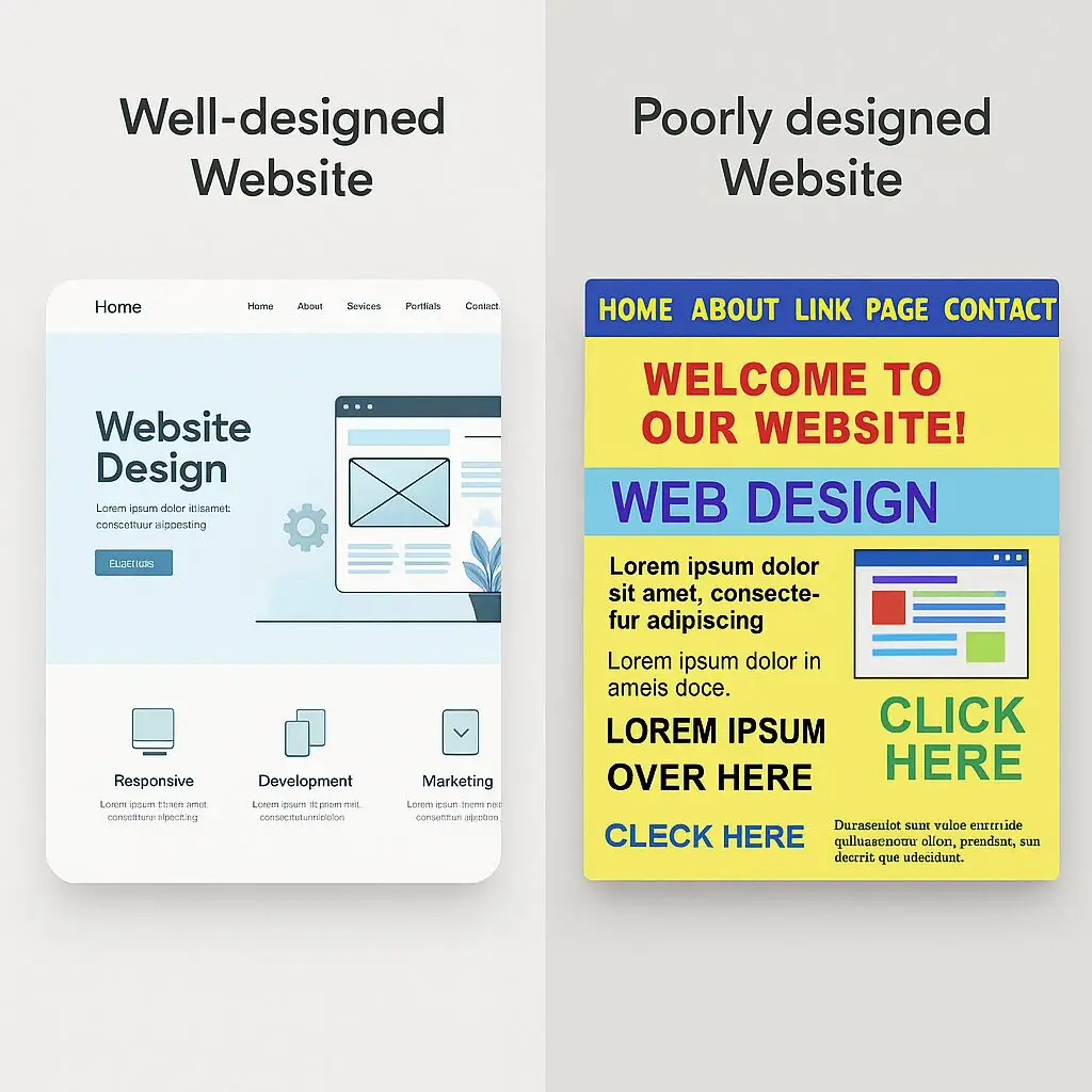 Well-designed and poorly-designed website mockups, showcasing responsive design elements and contrasting user experience.