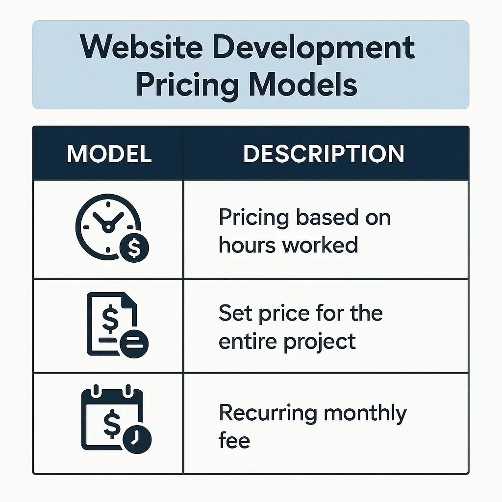 Table showing website development pricing models: hourly, fixed project, and recurring monthly.