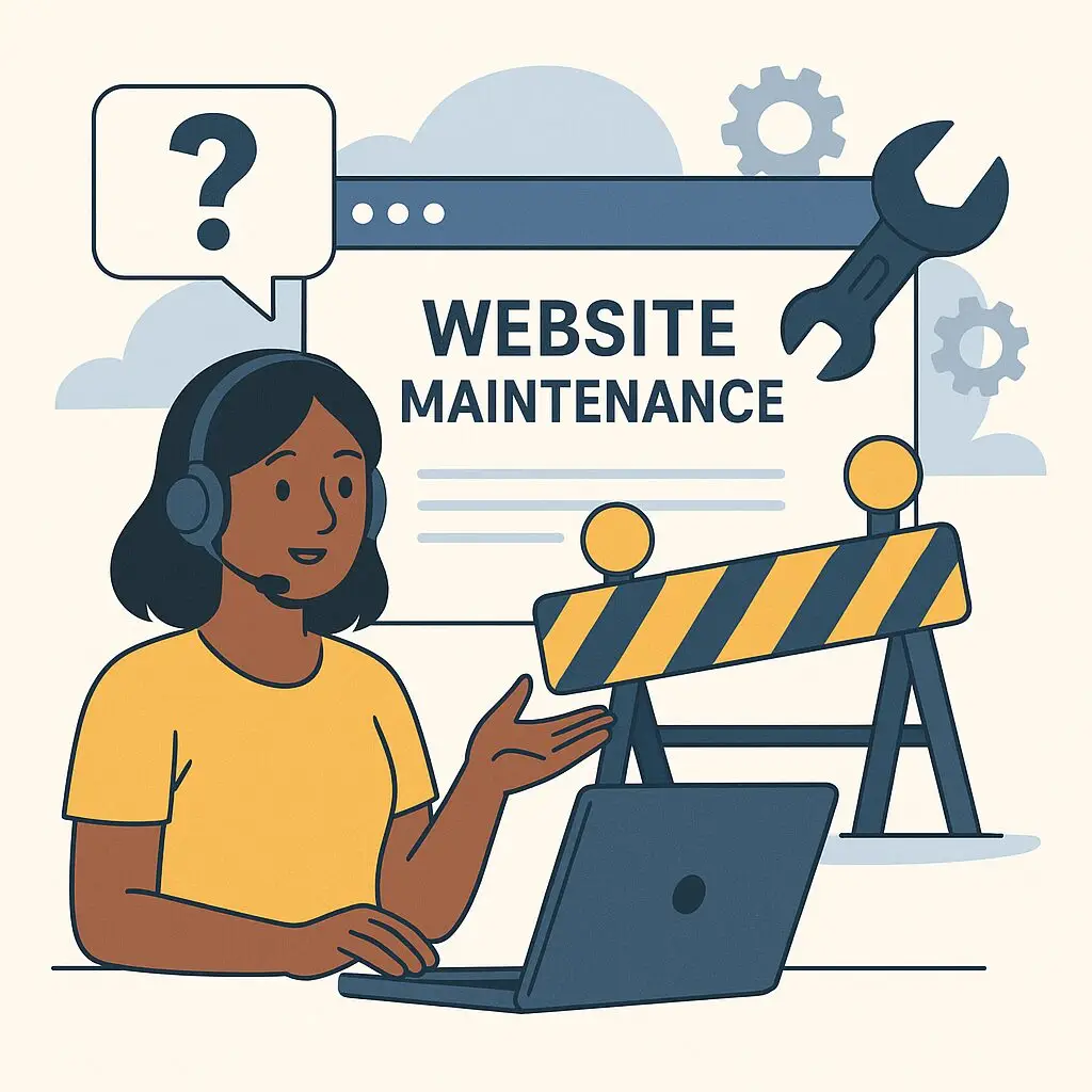 Woman with headset, explaining website maintenance issues on a laptop.